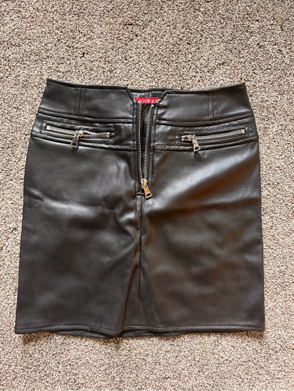 Guess Black Faux Leather Mini Skirt with Front Zip Detail